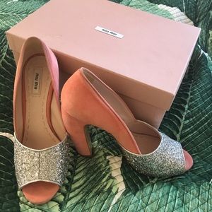 Miu Miu pink suede and glitter heels size 8